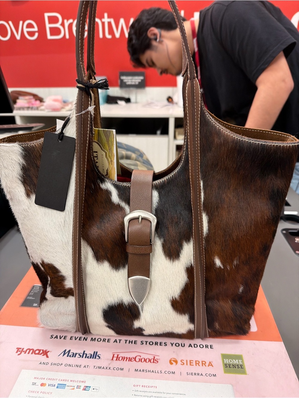 Leather-Trim Brown & White Cowhide Tote with Buckle Detail